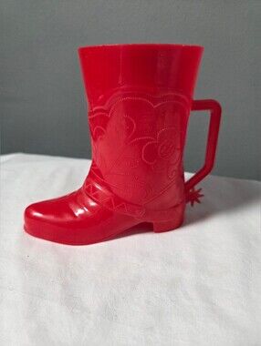 Vintage Kids Red Plastic Western Cowboy Boot Shape Cup W/Spur Etched Design